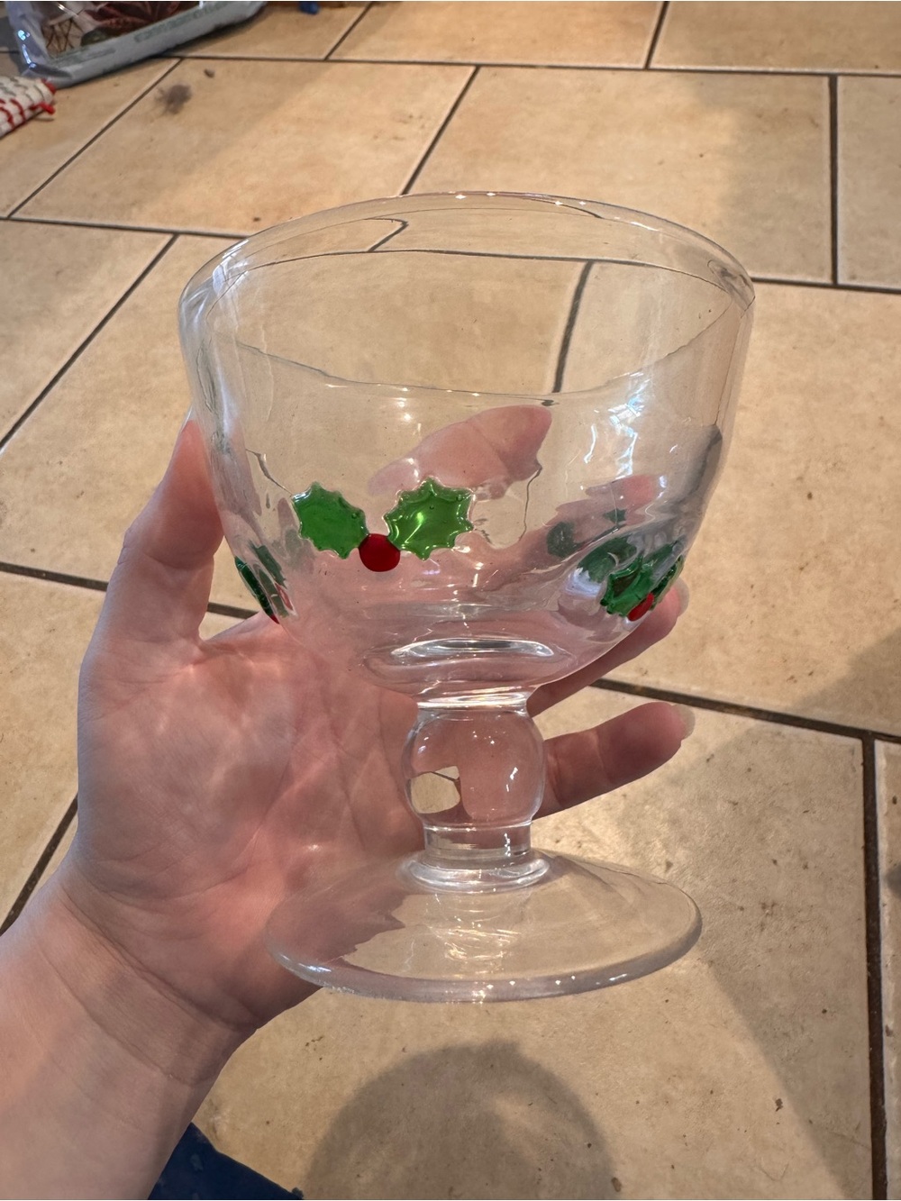 Clear Glass Goblet with Green Holly and Red Berries